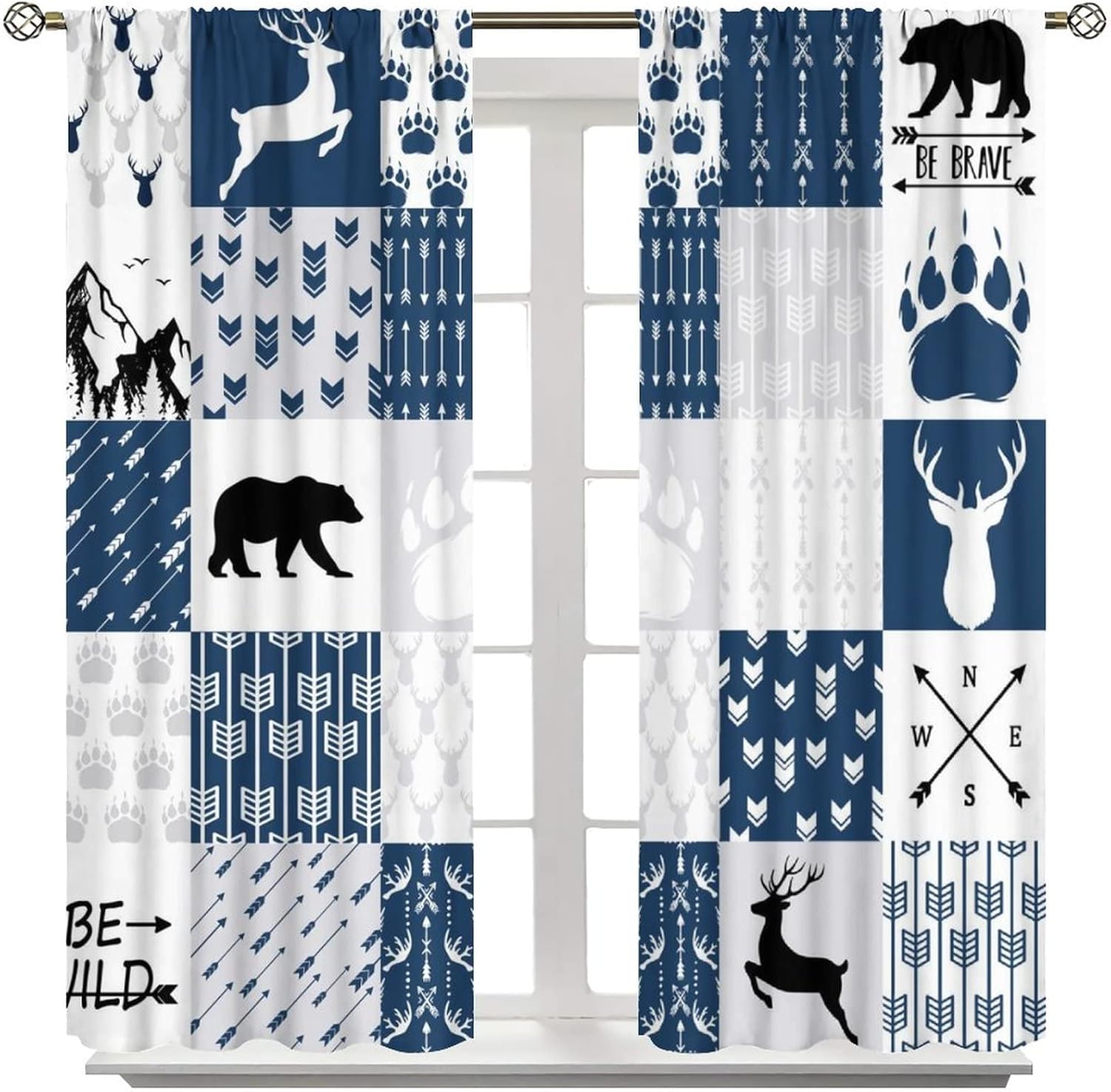 Rustic Deer Bear Blackout Curtains,Retro Cabin Hunting Theme Forest Wildlife Blue Plaid Check Window Drapes - Thermal Insulated and Noise Reduction,2 Panels 45L x 21W Room Darkening Curtains