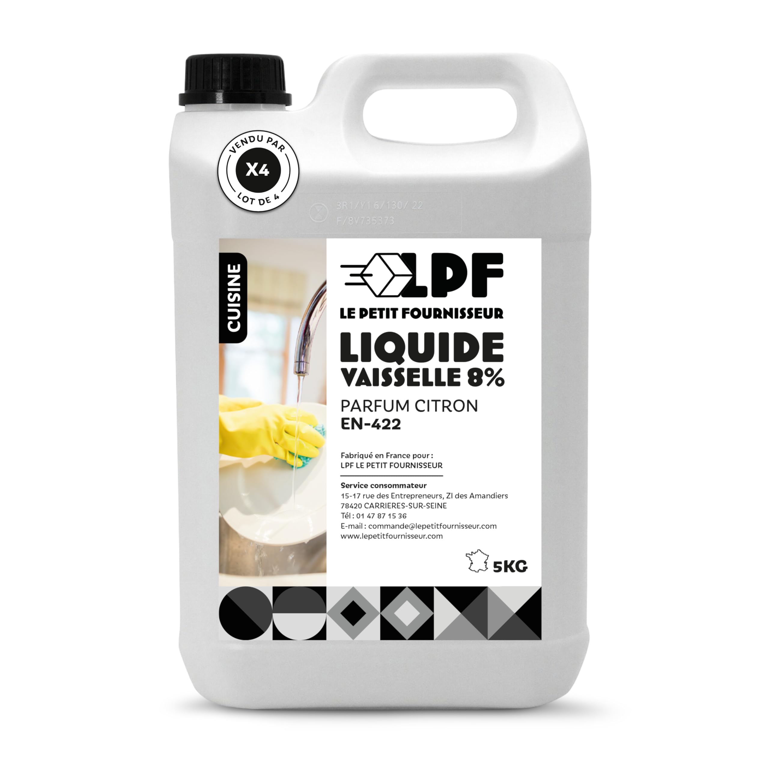 LPF LE PETIT FOURNISSEUR - Liquide Vaisselle 5L Parfum Citron - Dégraissant Concentré Haute Performance - Recharge Économique Format Professionnel - Vaisselle Main Brillance Anti-Calcaire - 4 Bidons