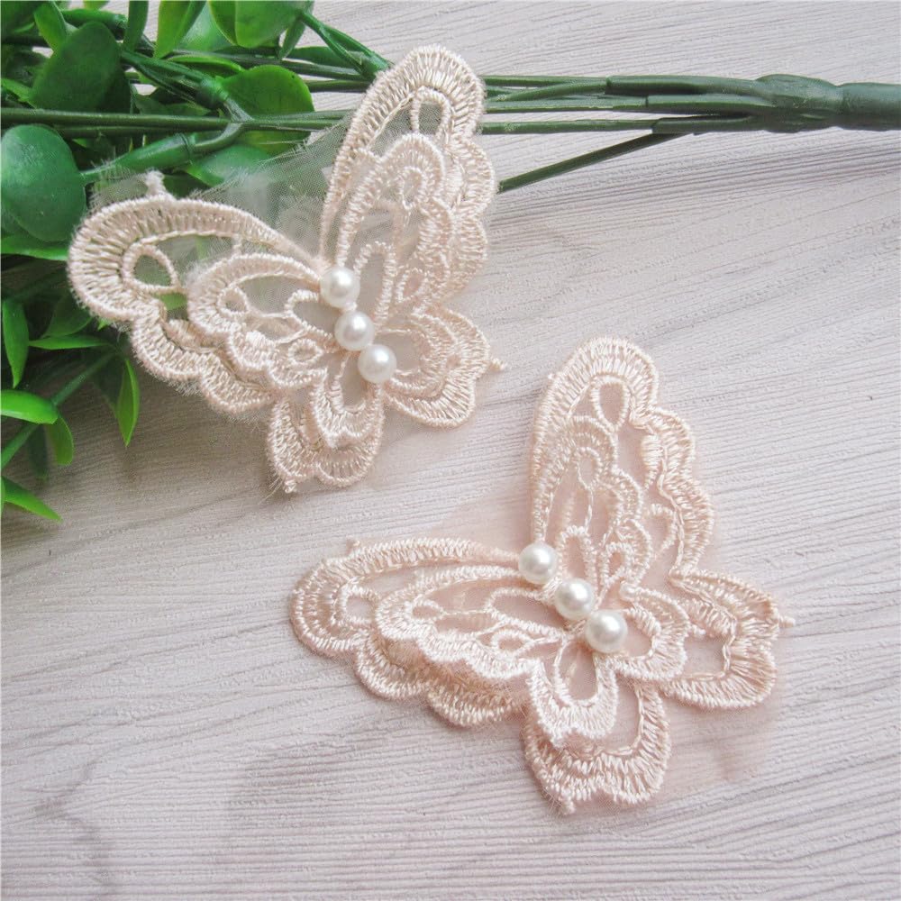 50pcs 3D Butterfly Pearl Organza Polyester Lace Trimmings Embroidered Lace Ribbon Fabric Vintage Embroidery Applique Sewing Craft Patchwork Handmade DIY Wedding Dress Clothes Decoration (Peach Fuzz)