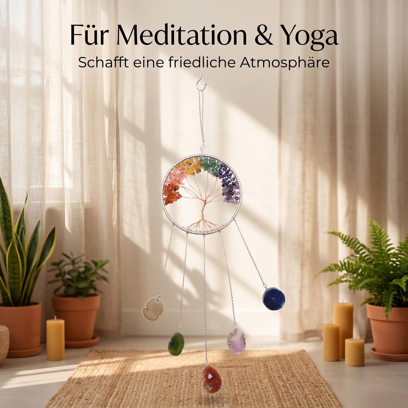 Hoypeyfiy Cristales árbol de la vida atrapasueños, piedra preciosa natural ágata chakra escudo colgante de pared decoración del hogar para meditación yoga arte de pared