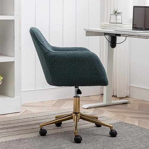 Miniatura 39 de Silla moderna de peluche para oficina en casa, bonita silla de escritorio tapizada con patas de metal dorado, silla giratoria ajustable con ruedas,