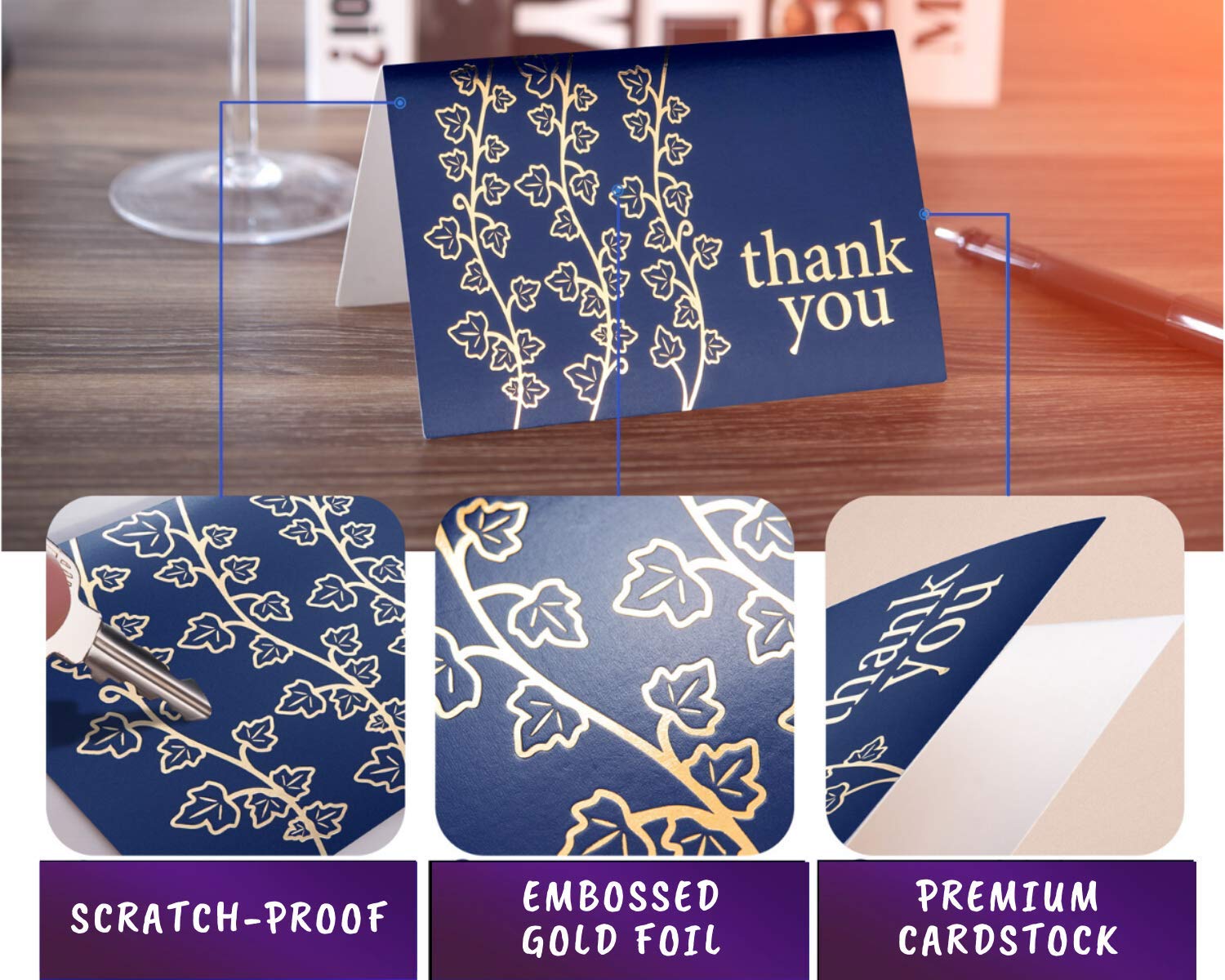 Layneria 100 Bulk Thank You Cards with Envelopes navy blue and gold