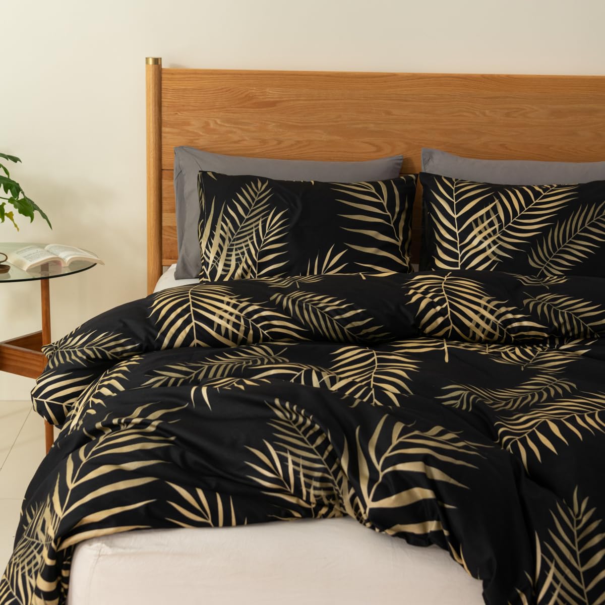 Housse de Couette 240x260 Feuilles de Palmier Tropicales Motif Or Noir Parure de Doux Microfibre Lit Linge de Lit 2 Personne Adulte avec Fermeture Éclair avec Taies d'oreiller 65x65 cm