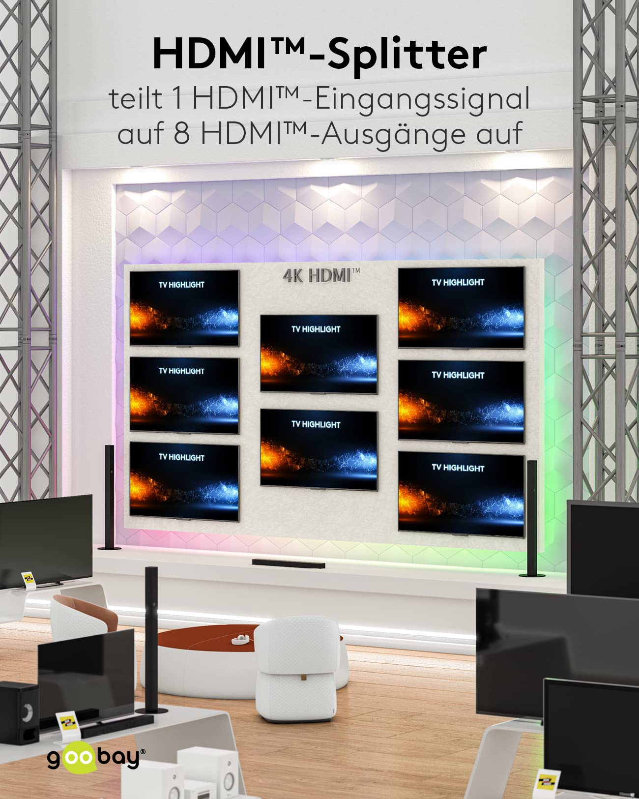goobay Divisor HDMI 1 a 8/ Compatible con resoluciones de hasta 4 K a 60 Hz, 1 señal de Entrada HDMI a hasta 8 Salidas como TV, Monitor, proyector, PS5 y Xbox/Negro - 58484