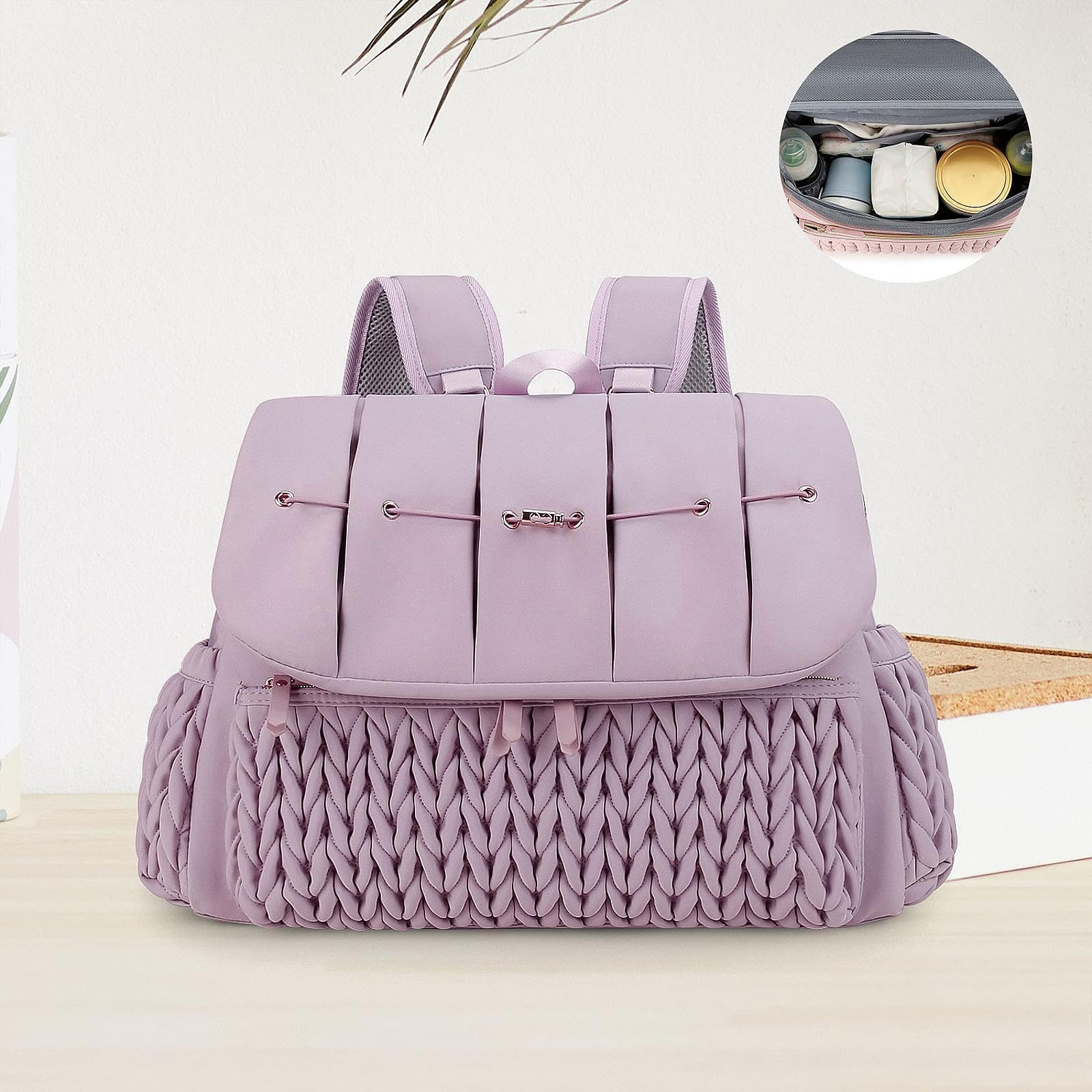 Windelrucksack Wickeltasche Babytasche Muttirucksack Multifunktionsrucksack Wasserdicht Polyester Großräumig mit Vielen Fächern für Fläschchen Spielze, Lila