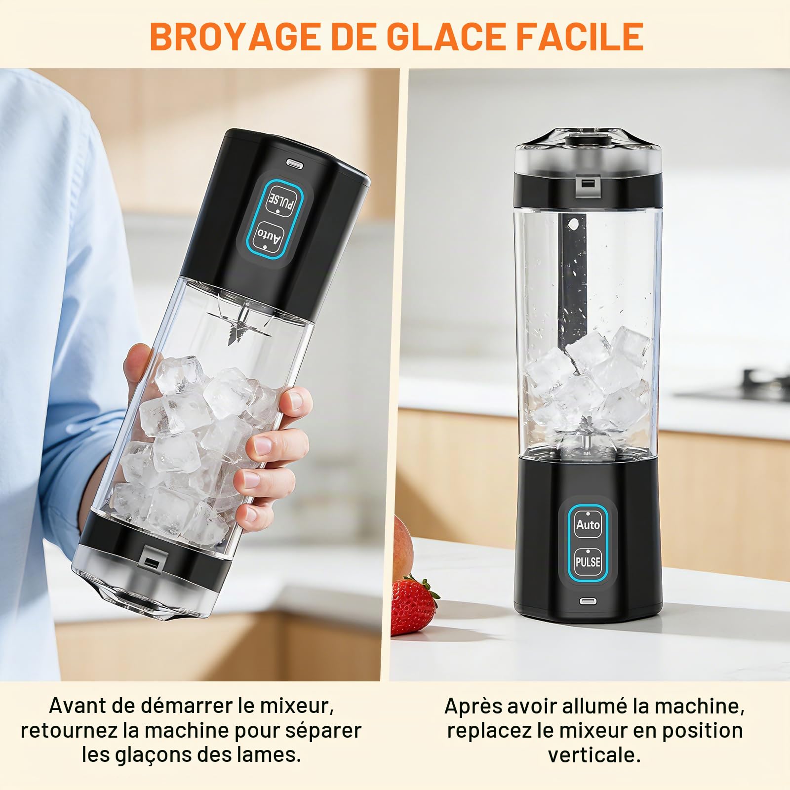 GVODE Blender Mixeur Portable Sans Fil, 700ml Smoothie Mixer, 360W Mini Blender Portable, Batterie 6000mAh USB-C, Étanche IPX8 pour Shakes & Smoothies