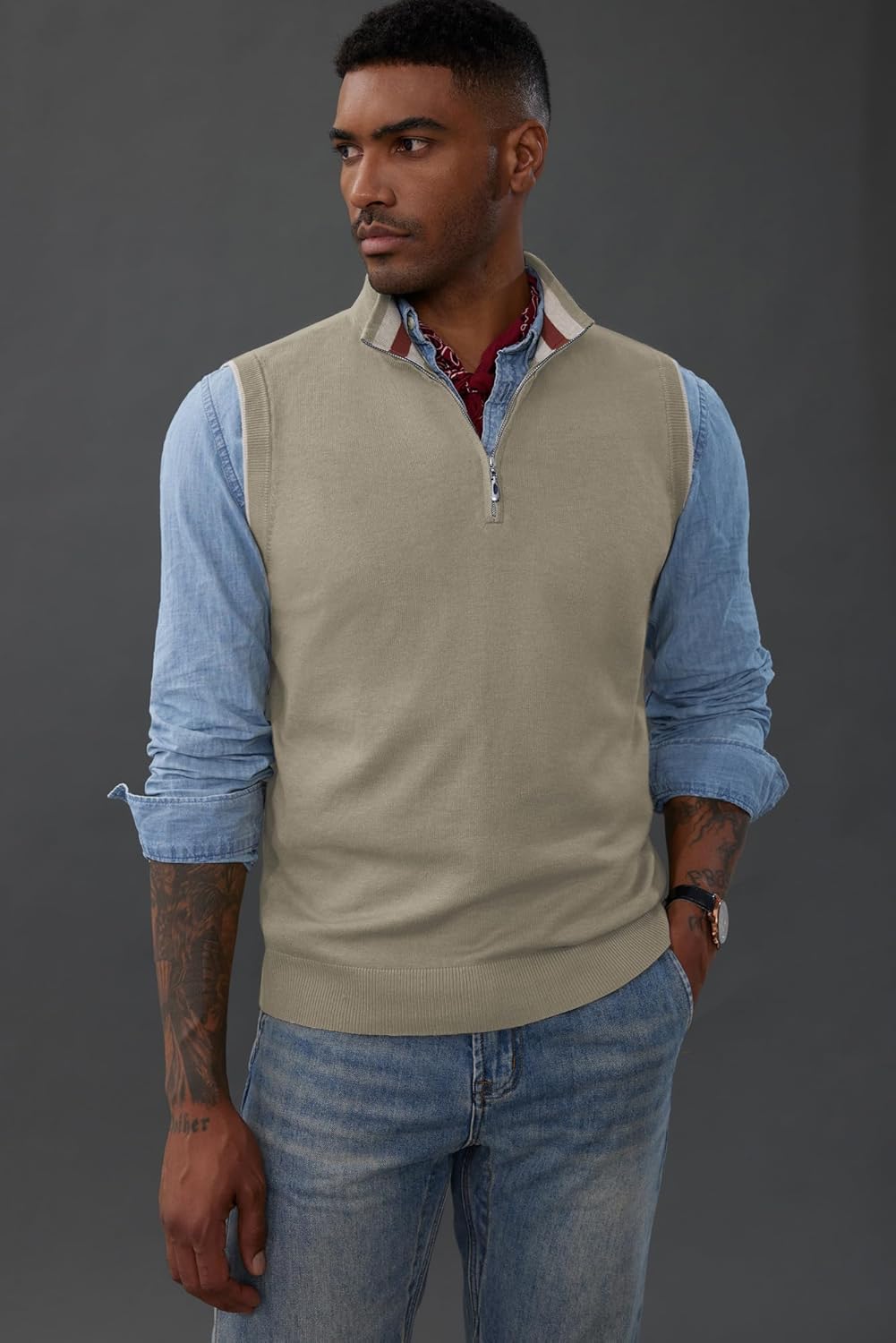 PJ PAUL JONES Mens Sweater Vest Quarter Zip Vest Sweater Stand Collar Contrast Stripes Pullover Knitwear Vest - Image 3