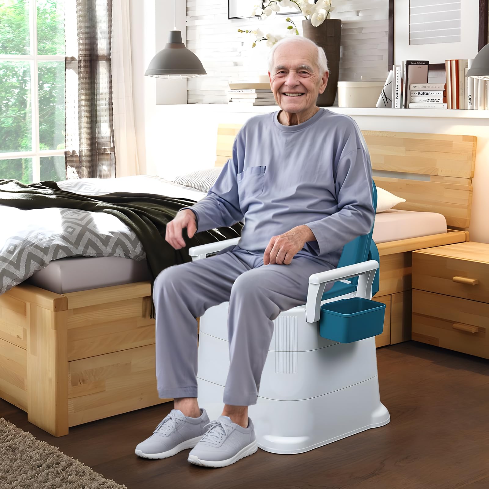 Nachttisch-Toilettenstuhl, tragbare Toilette für Erwachsene, mit abnehmbarer Armlehne, Tragkraft 150 kg, mobiler Toilettenstuhl für ältere und behinderte Menschen, mit verstärkten Beinen (Blau)