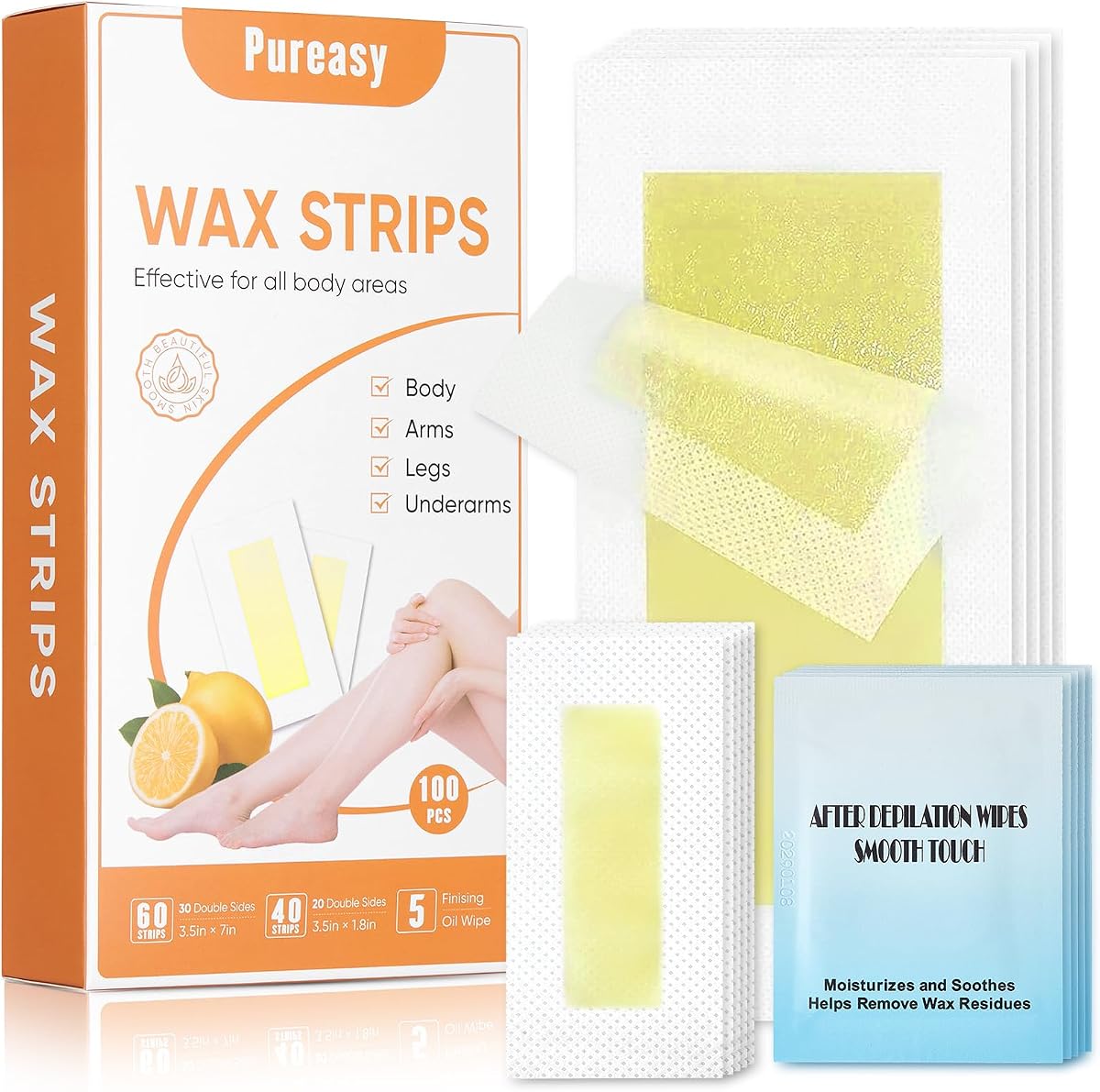 Tiras de cera para depilación, kit de depilación facial y corporal, 100 unidades | Dos tamaños de tiras más 5 toallitas con aceite para cejas, labio superior, piernas, axilas y línea del bikini.