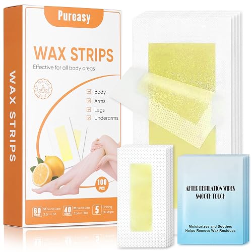 100 PCS Wax Strips for Hair Removal: 40 Facial & 60 Body Hair Removal Waxing Kit with Calming Oil Wipes - For Face, Eyebrow, Body, Arms, Legs, Bikini Area