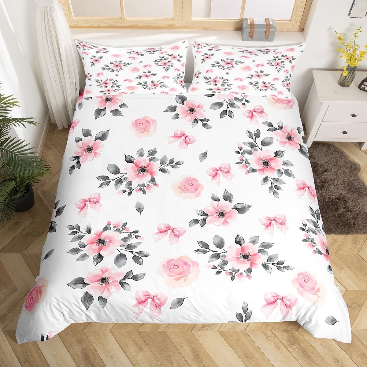 Homemissing Pink Flower Bowknot Duvet Cover Set Single Size For Kids Boys Girls Women Floral Botanical Bow Bedding Set Floral Print Duvet Cover with 1 Pillowcase
