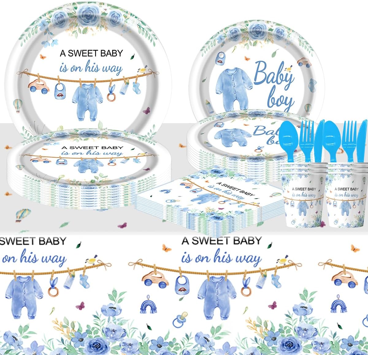 Baby Shower Party Tableware Set , Cute Male Birthday Party Decorations with Blue Flower Theme Plates, Napkin, Cups, Forks, straws for Baby Shower Gender Reveal Party Supplies - Image 3