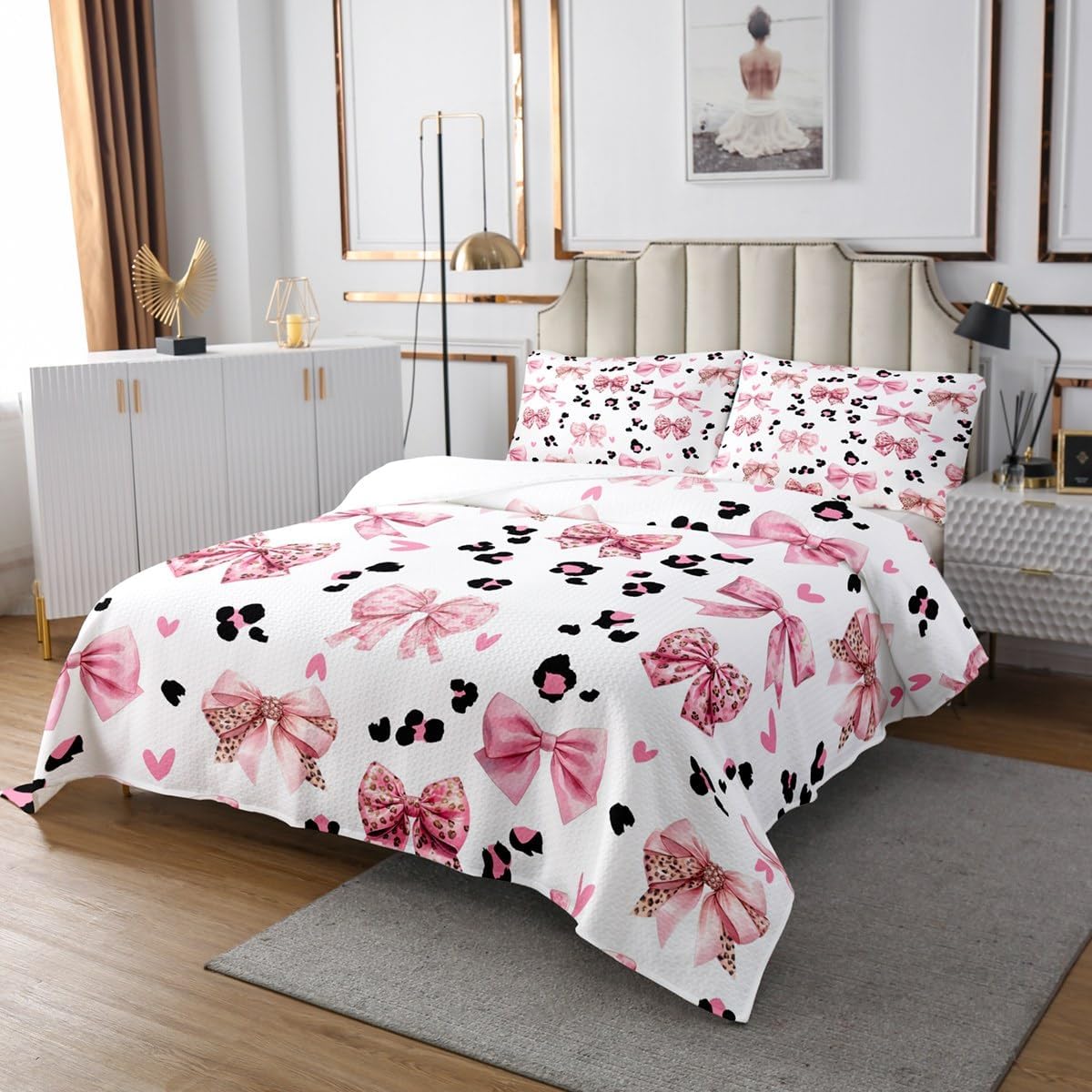 Erosebridal 3D Bow Quilt Set Queen Size for Kids Teens Adults,Kawaii Pink Bowknots Coverlet Set,Leopard Print Bedspread Set,Princess Style Bed Cover Bedroom Decor