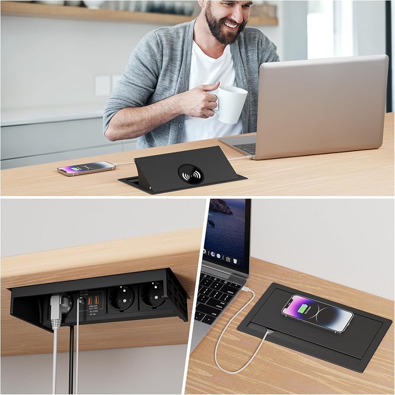 HANNELORE Beépíthető Aljzat USB-C PD 20W és Vezeték Nélküli Töltő 15W, Kihúzható Asztali Elosztó Munkalapba, 2m Kábel, Fekete