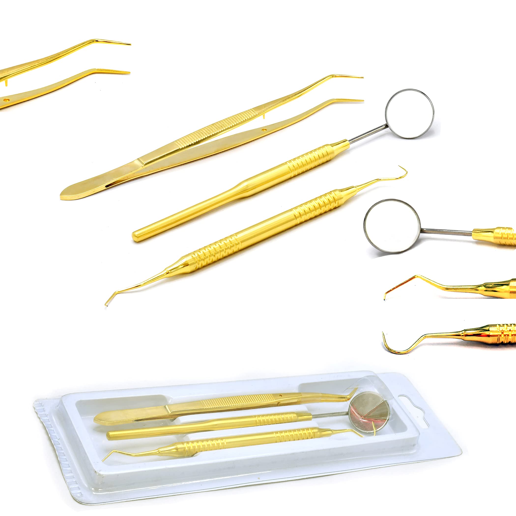 OdontoMed2011 3 Pieces Basic Dental Instruments Set Mirror Explorer C. PLIER Hollow Handle Gold Plated Stainless Steel GLD-03