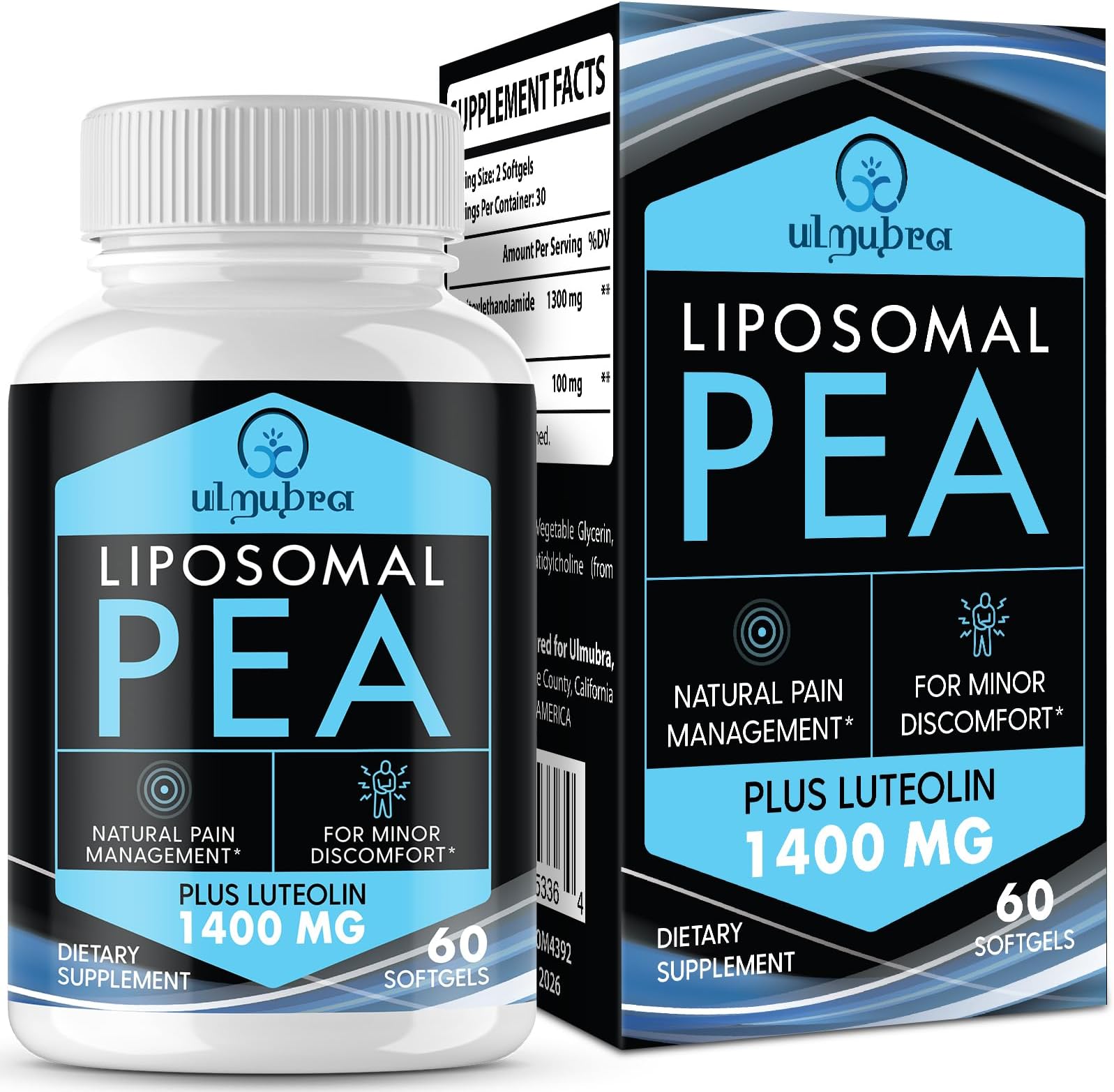 Ulmubra Liposomal Palmitoylethanolamide 1300 MG Plus Luteolin 100 MG, Superior Absorption, Micronized Pea Supplement for Discomfort Management, 60 Softgels