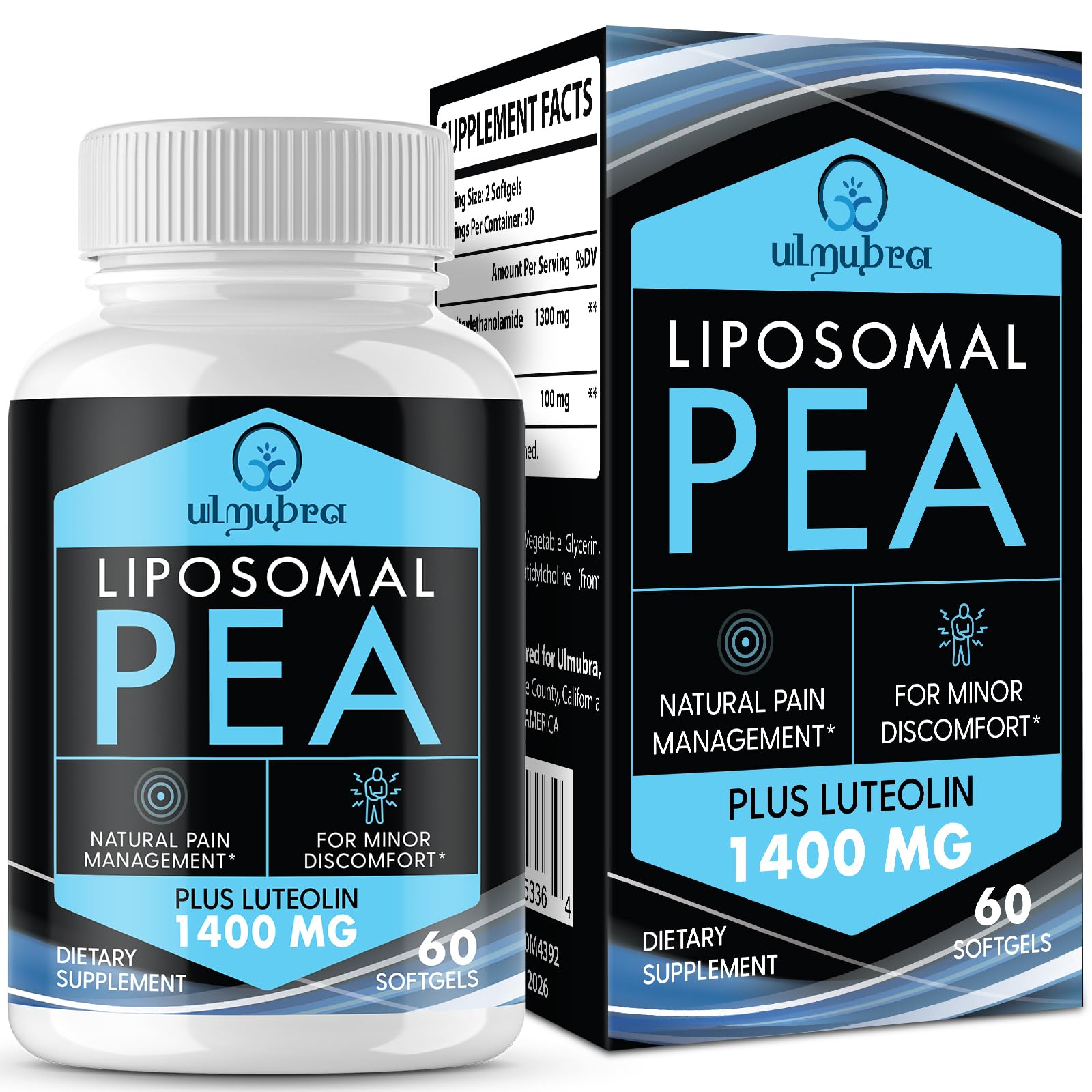 Liposomal Palmitoylethanolamide 1300 MG Plus Luteolin 100 MG, Superior Absorption, Micronized Pea Supplement for Discomfort Management, 60 Softgels