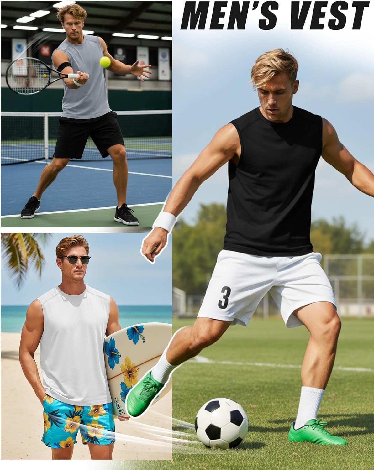 Ficerd 3 Pack Men's Sleeveless Tank Tops, Crewneck Casual Summer Tee Beach T Shirt Workout Run Gym Muscle Shirt - Image 4