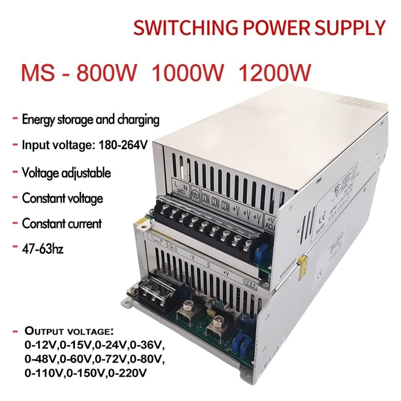 Zasilacz przełączany 800 W, 1000 W, 1200 W, 0-12 V, 15 V, 24 V, 36 V, 48 V, 60 V, 72 V, 80 V, 110 V, 150 V, 220 V, regulowane napięcie AC/DC. | 0-15v-1200w