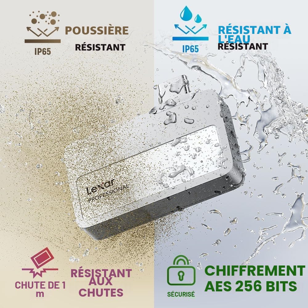 Lexar Professional Go Portable SSD 2To USB 3.2 Gen 2 IP65 1050MB/s Lecture 1000MB/s Écriture Argent