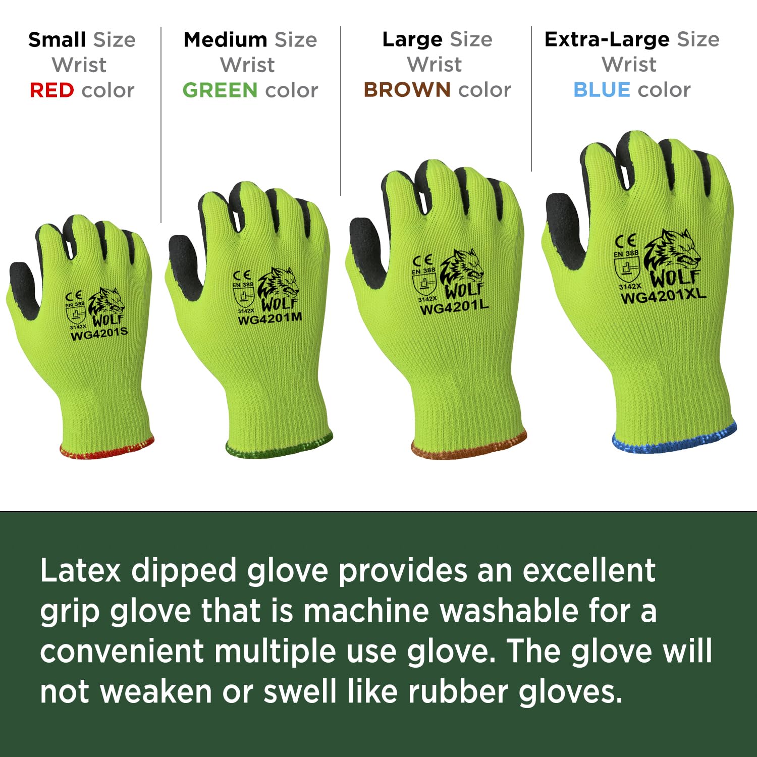 WOLF Hi-Viz Green Heavy-Duty Textured Rubber Latex Grip Knit Glove (24, Medium)
