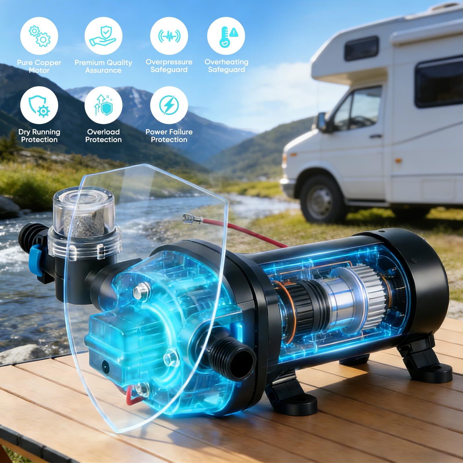 12V Wasserpumpe, 17L/min 3.1 Bar Selbstansaugende Membranpumpe mit Robustem Druckschalter und Ansaugsieb für Wohnmobil, Boot, Waschen, Bewässerung, Zirkulation