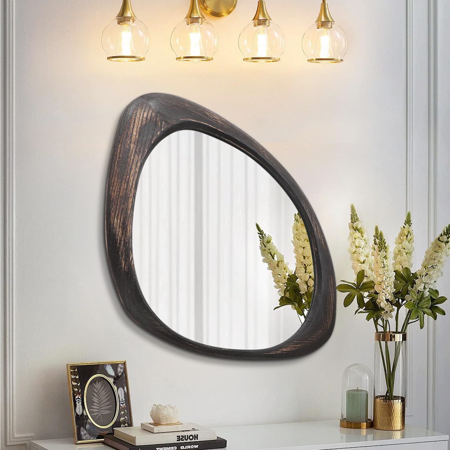 AAZZKANG Large Wall Mirror Retro Irregular Wall Mirror 28"x20" Hanging Wall Mounted Wood Frame Mirrors for Bathroom Bedroom Living Room Entryway 28"L x 20"W Pitchdark