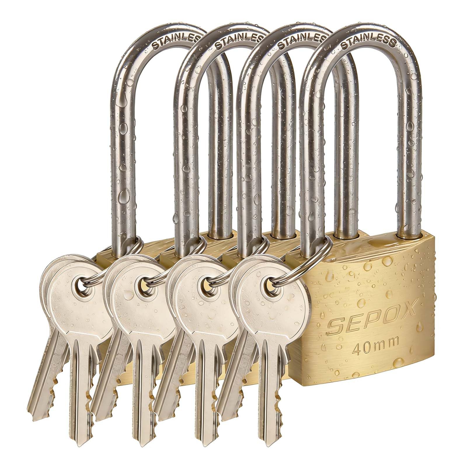 SEPOX® Candados largos de grado marino para exteriores con llave igual, 40 mm, cerradura de latón macizo resistente a la intemperie, grillete de acero inoxidable SUS304 más largo, a prueba de óxido