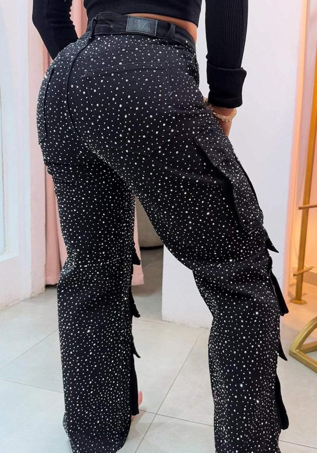LETSVDO Women's Rhinestone Cargo Jeans Baggy High Waisted Wide Leg Sparkly Denim Pants Stretch Glitter Bling Trousers - Image 9