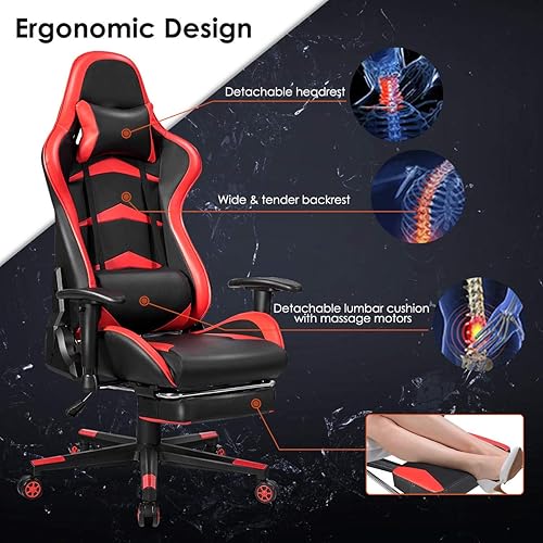 Miniatura 6 de GOFLAME Silla de juegos de estilo de carreras, silla ergonómica giratoria para computadora con reposacabezas y soporte lumbar, silla de masaje de