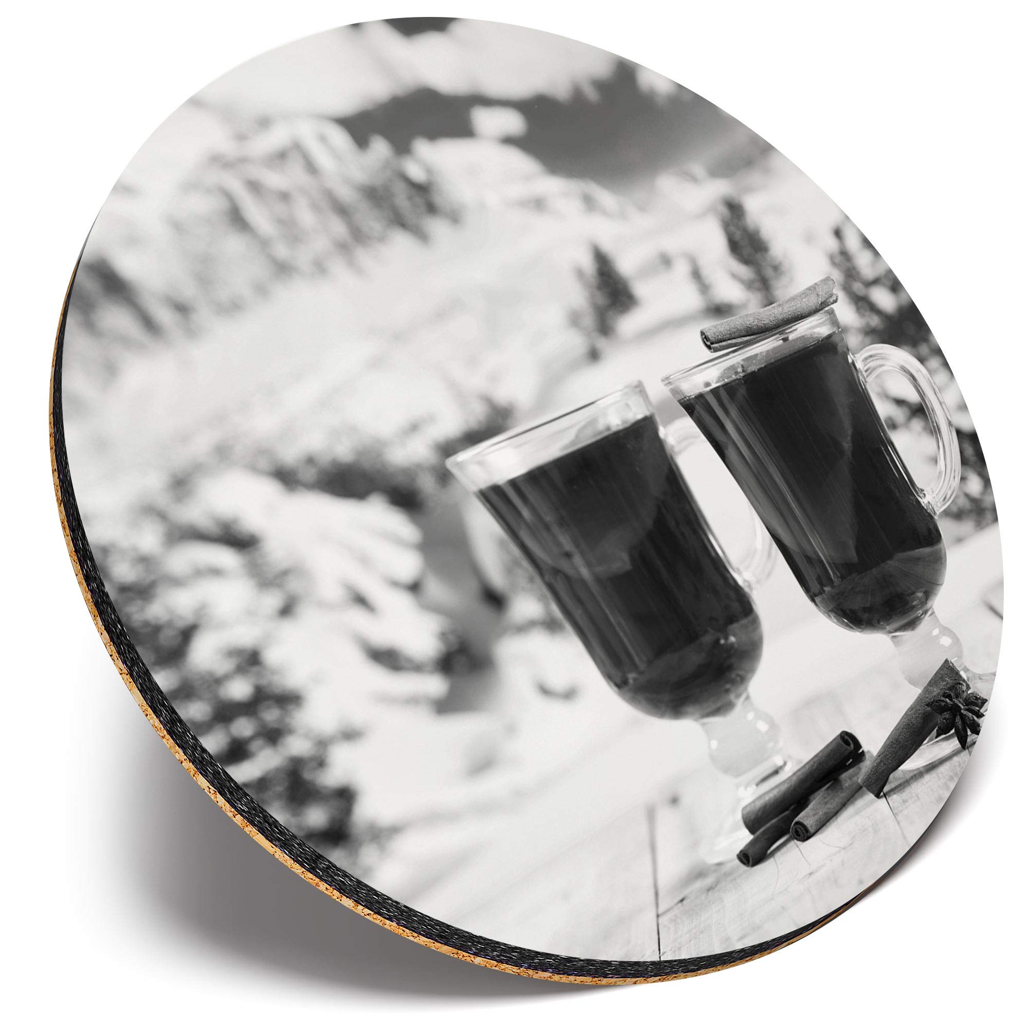 Destination Vinyl Ltd Multicolor Round Single Coaster - Bw - Mulled Wine Winter Ski Resort |Glossy Quality Coasters | Tabletop Protection For Any Table Type #43263