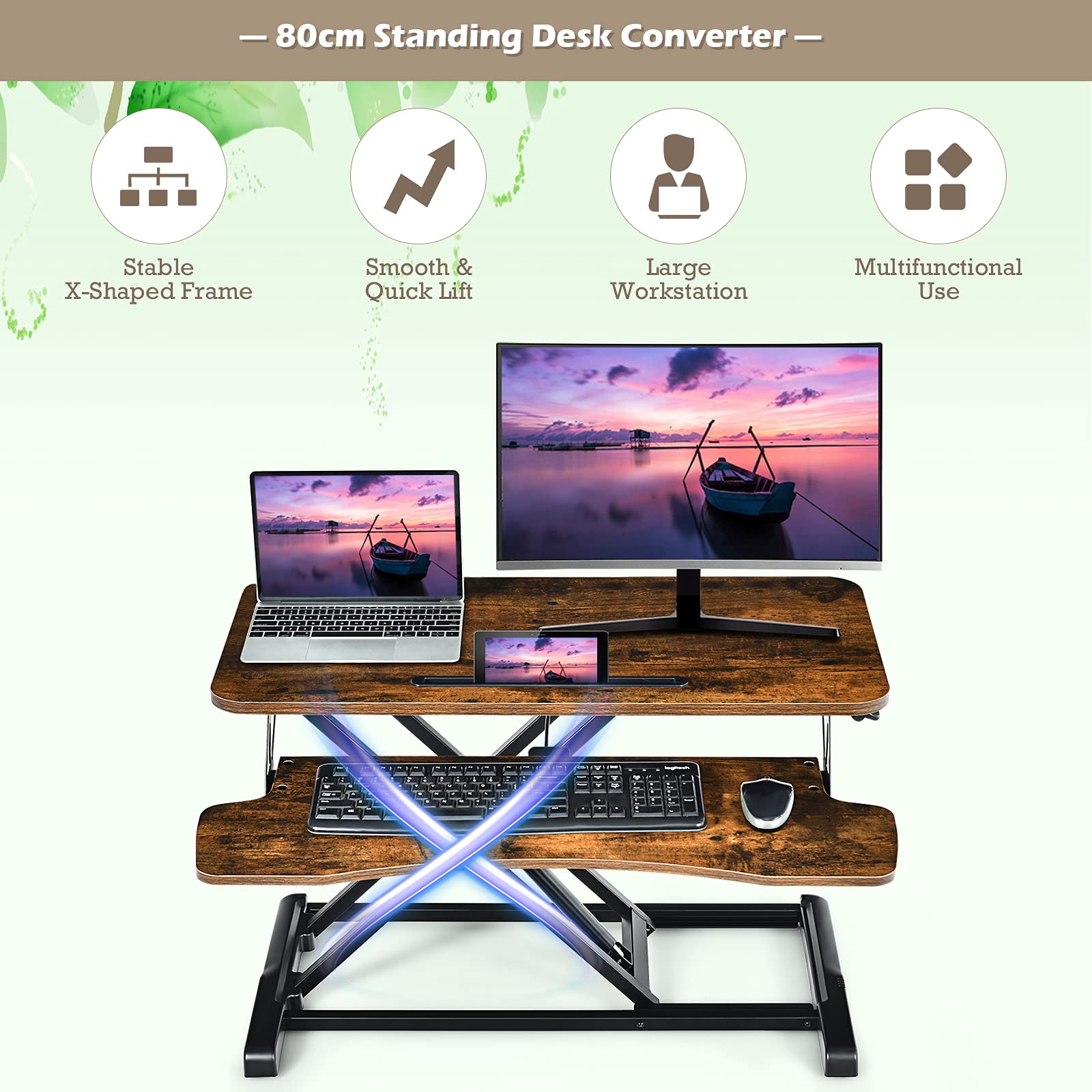 GIANTEX Poste de Travail Informatique Assis Debout Réglable en Hauteur, Convertisseur Bureau avec Plateau pour Clavier et Support pour Tablette, 80 x 64 x 11-50,5 cm (Marron)