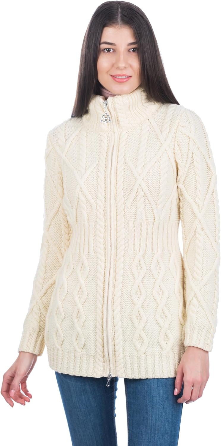 SAOL - 100% Merino Wool Ladies Cable Knit Cardigan Full Zip Irish Coat