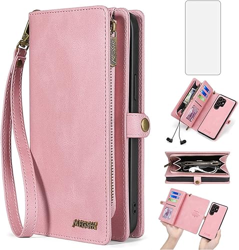 Asuwish Funda de teléfono para Samsung Galaxy S22 Ultra 5G con cremallera, funda desmontable con protector de pantalla y tarjetero de cuero,