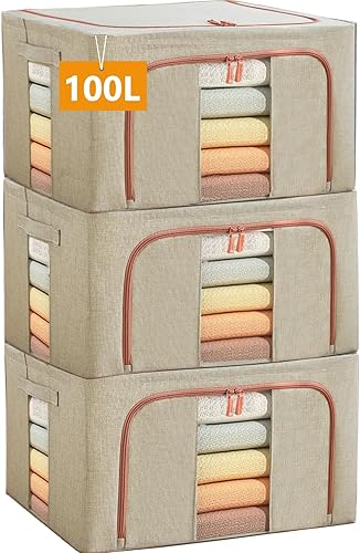 Bolsas de almacenamiento grandes de 100 litros, contenedores apilables de lino con marco de metal en forma de sujeción, 2 vías de apertura,