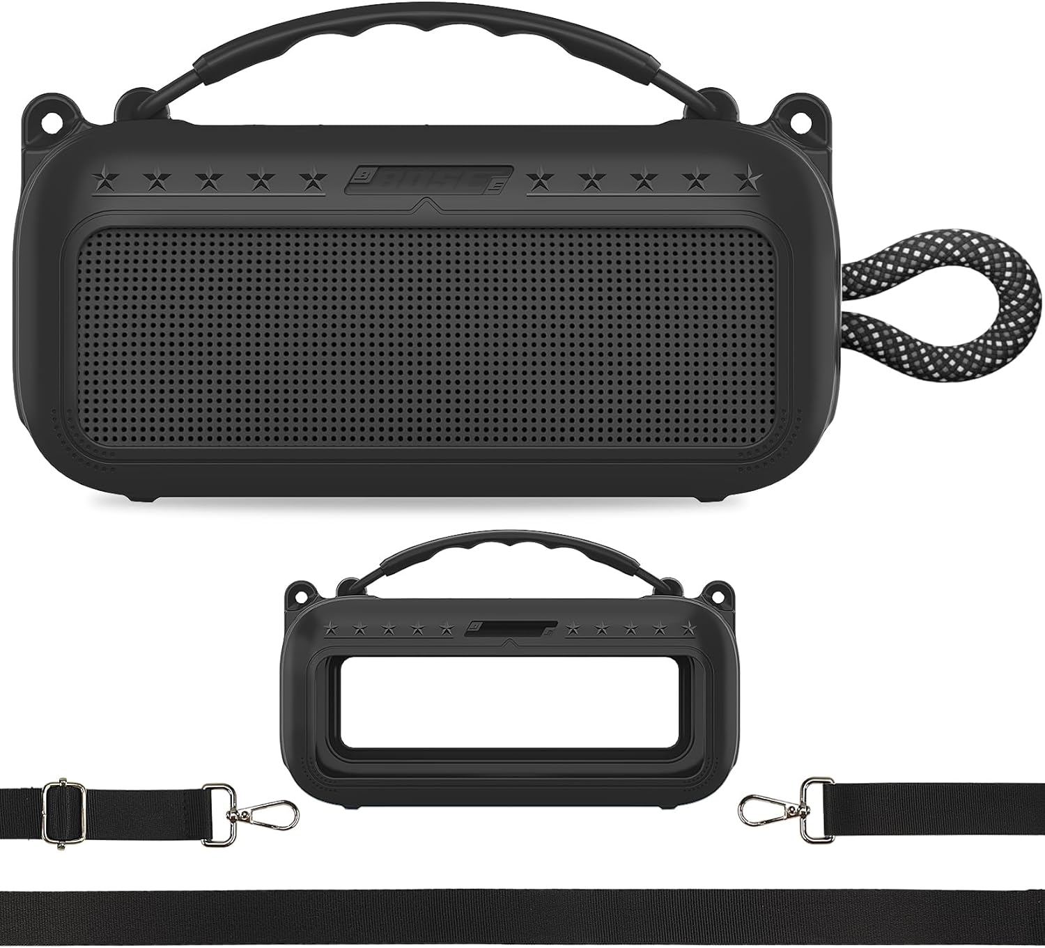 Silicone Cover Case for Bose SoundLink Plus Portable Bluetooth Speaker, Soft Silicone Case with Carrying Handle and Shoulder Strap (Black)