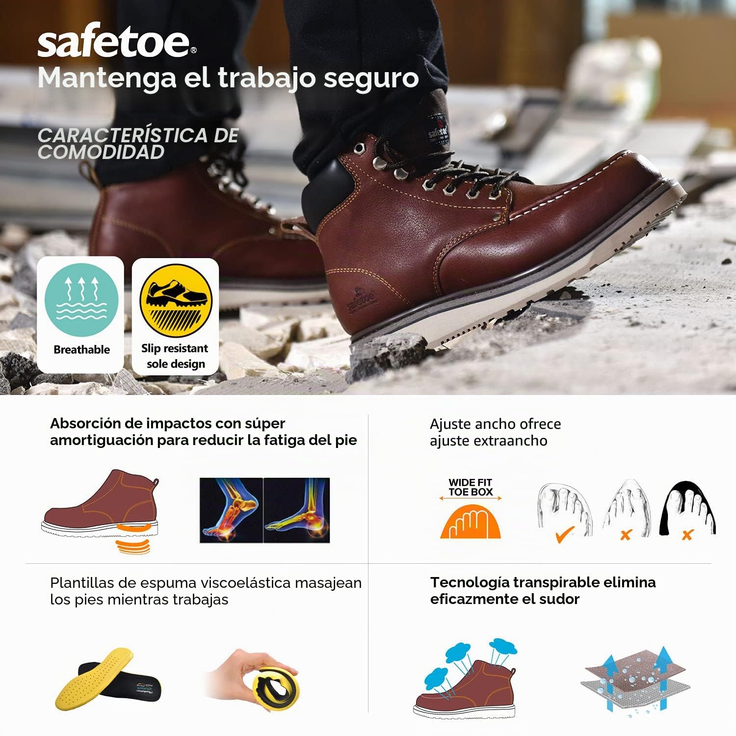 SAFEYEAR Safetoe Zapatos de Seguridad para Hombres y Mujeres, M-8076 Botas de Seguridad de tipo Cuero Impermeable, Dedo del pie Moc Ligeros Calzado Para Plantilla mas Comodas,EU 42