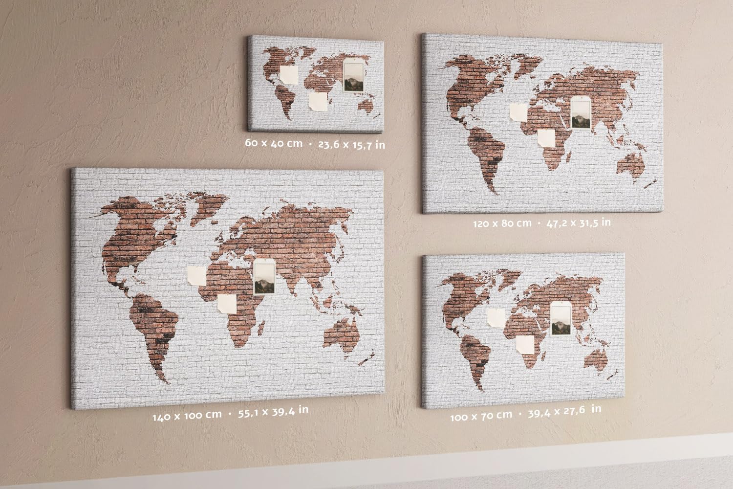 Lavagna in sughero orizzontale grande | pannello murale multifunzione per ufficio scuola casa | pianificazione progetti note foto e idee - 100x70 - metallico - Mappa del mondo in mattoni