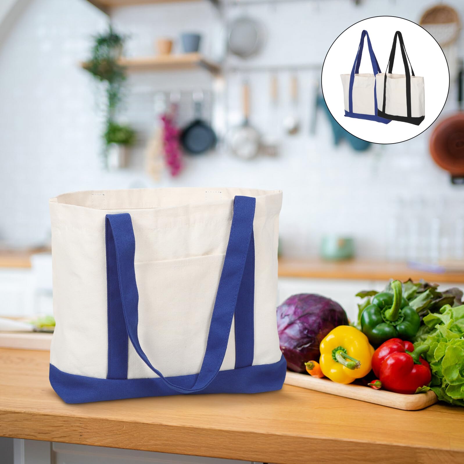 Toyvian Bolsa de Mano de Lona 2 Piezas 43x33x10 Cm Azul Marino y Negro con Bolsillo, Bolsa de Trabajo Multiusos Grande para Supermercado, Compras y Viaje Diaria