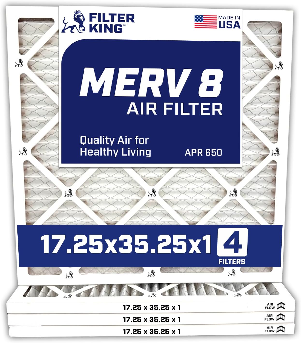Filter King 17.25x35.25x1 Air Filter | 4-PACK | MERV 8 HVAC Pleated A/C Furnace Filters | MADE IN USA | Actual Size: 17.25 x 35.25 x .75"