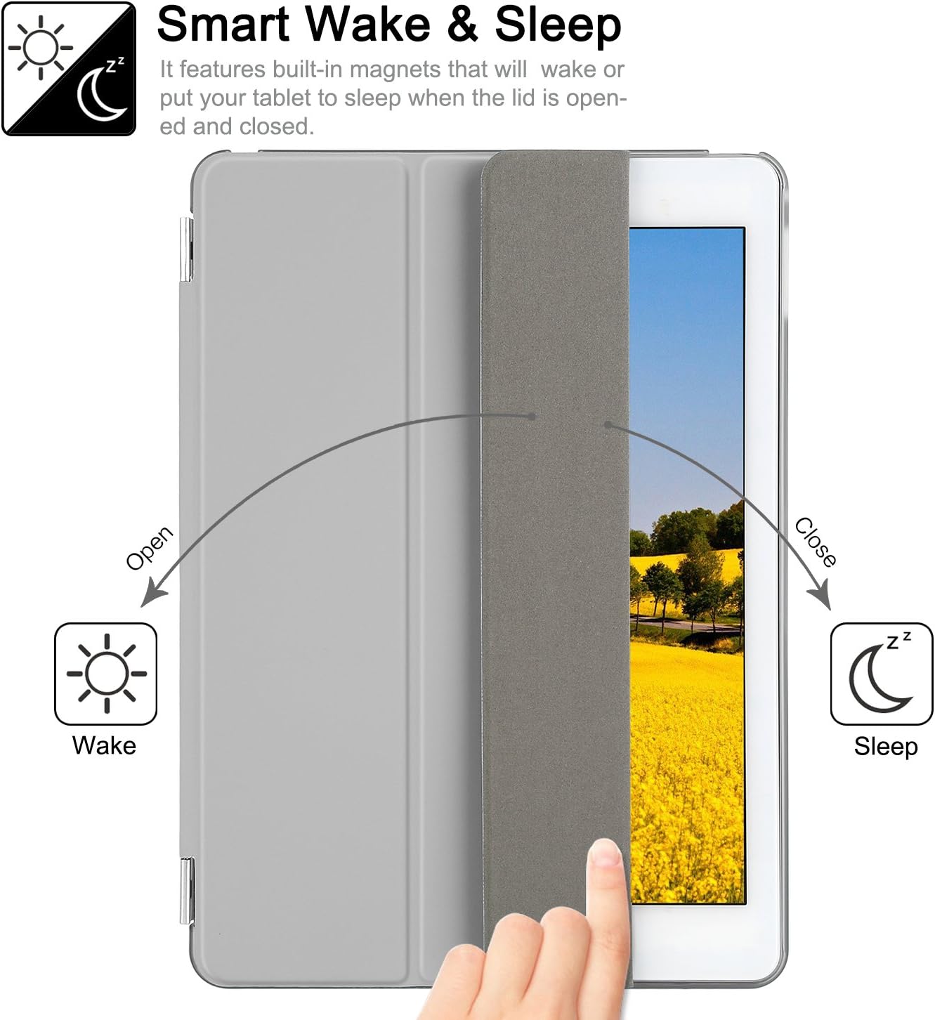 Besdata PT9808 Ultra Thin Magnetic Smart Cover with Wake/Sleep Function for iPad Air 2 (2014) Bundle with Screen Protector, Cleaning Cloth and Stylus - Grey