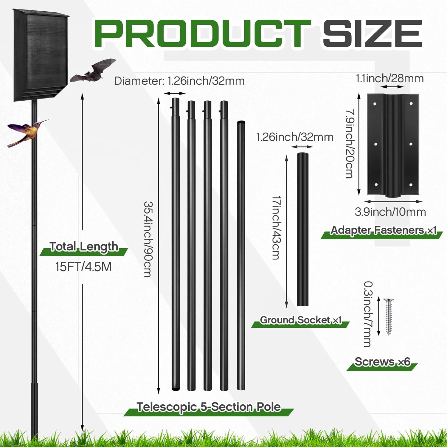 Yaocom 15 FT Heavy Duty Iron Purple Martin Bat House Pole with Ground Socket, Adjustable 5-Section Anti Rust Steel Pole, Bird Feeder Accessories for Outdoors (Black)