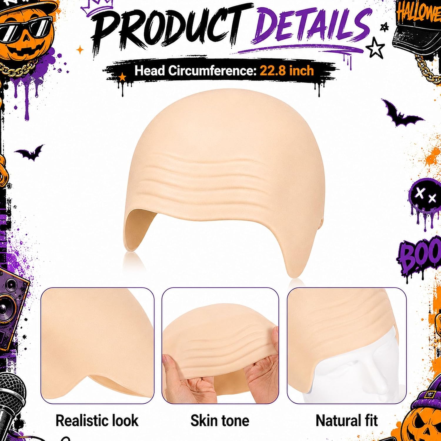 4 Pcs Bald Cap Costume Set with Glasses Mustache Sunglasses Hip Hop Music Singer Rap Artist for Men Women Adult Halloween Festival Concert Cosplay