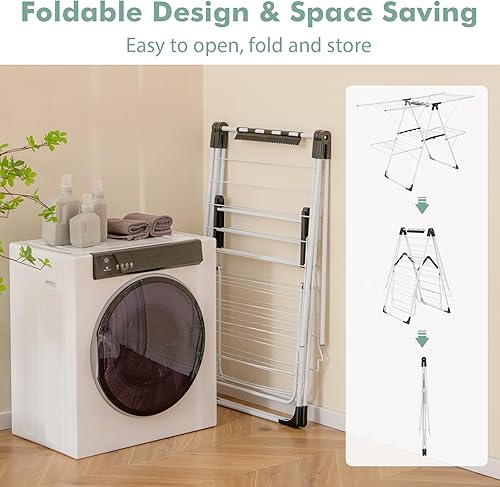 Miniatura 2 de Giantex Estante de secado de ropa, 2 capas de acero inoxidable plegable, con altura ajustable de 6 niveles, clips útiles, ahorro de espacio,
