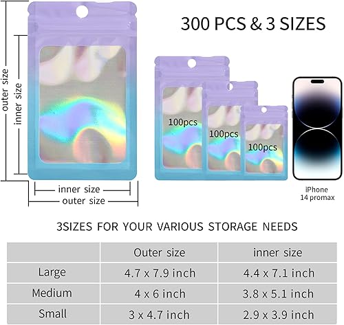 Miniatura 3 de Paquete de 300 bolsas resellables con cierre hermético de 3 tamaños bolsas a prueba de olores con bolsa de embalaje para ventana frontal para