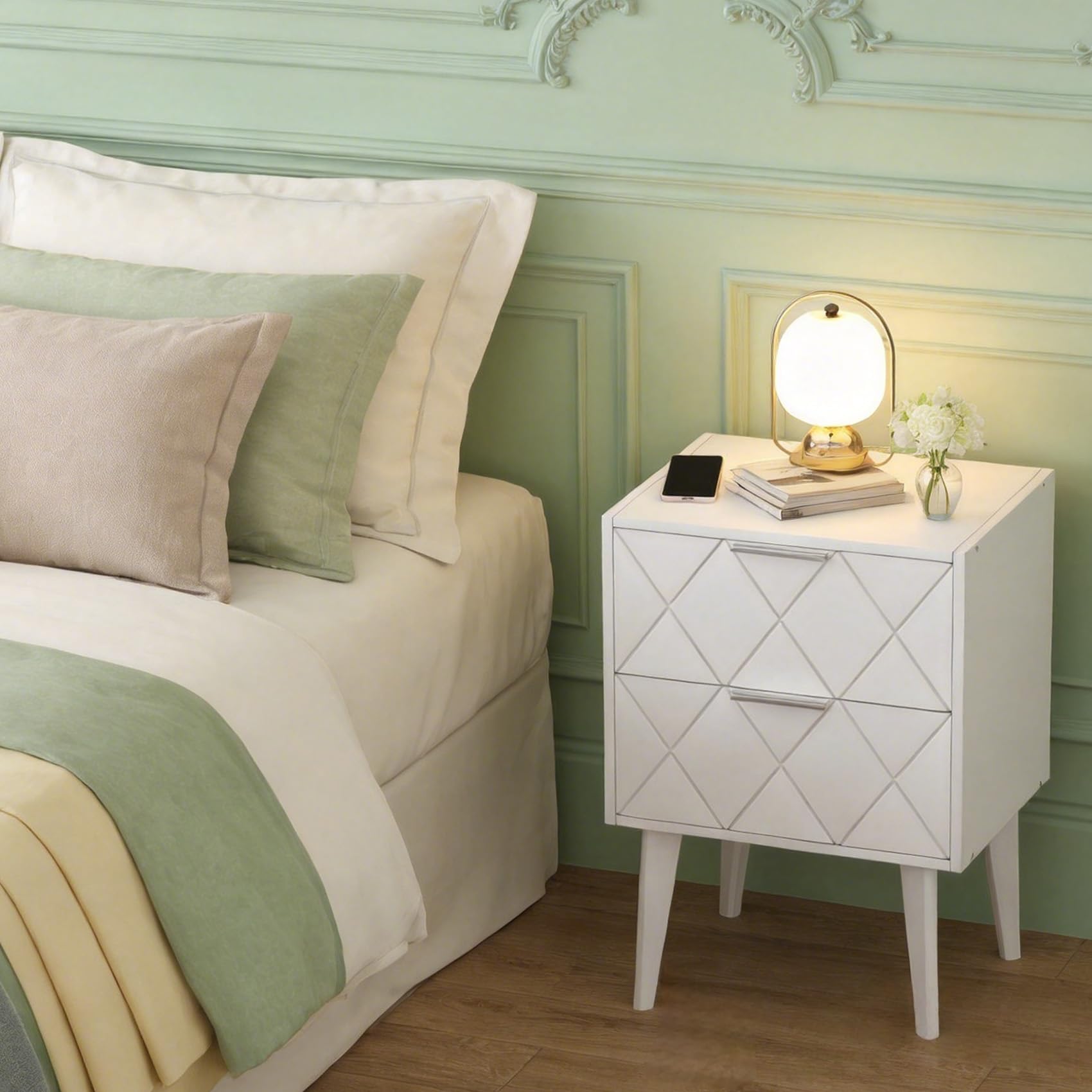 Mesitas de Noche Blancas con Dos Cajones Bedside Table | Estilo Moderno Y Elegante,Fabricado En Madera,Estructura Estable Sin Vibraciones,Para Salón Y Dormitorio