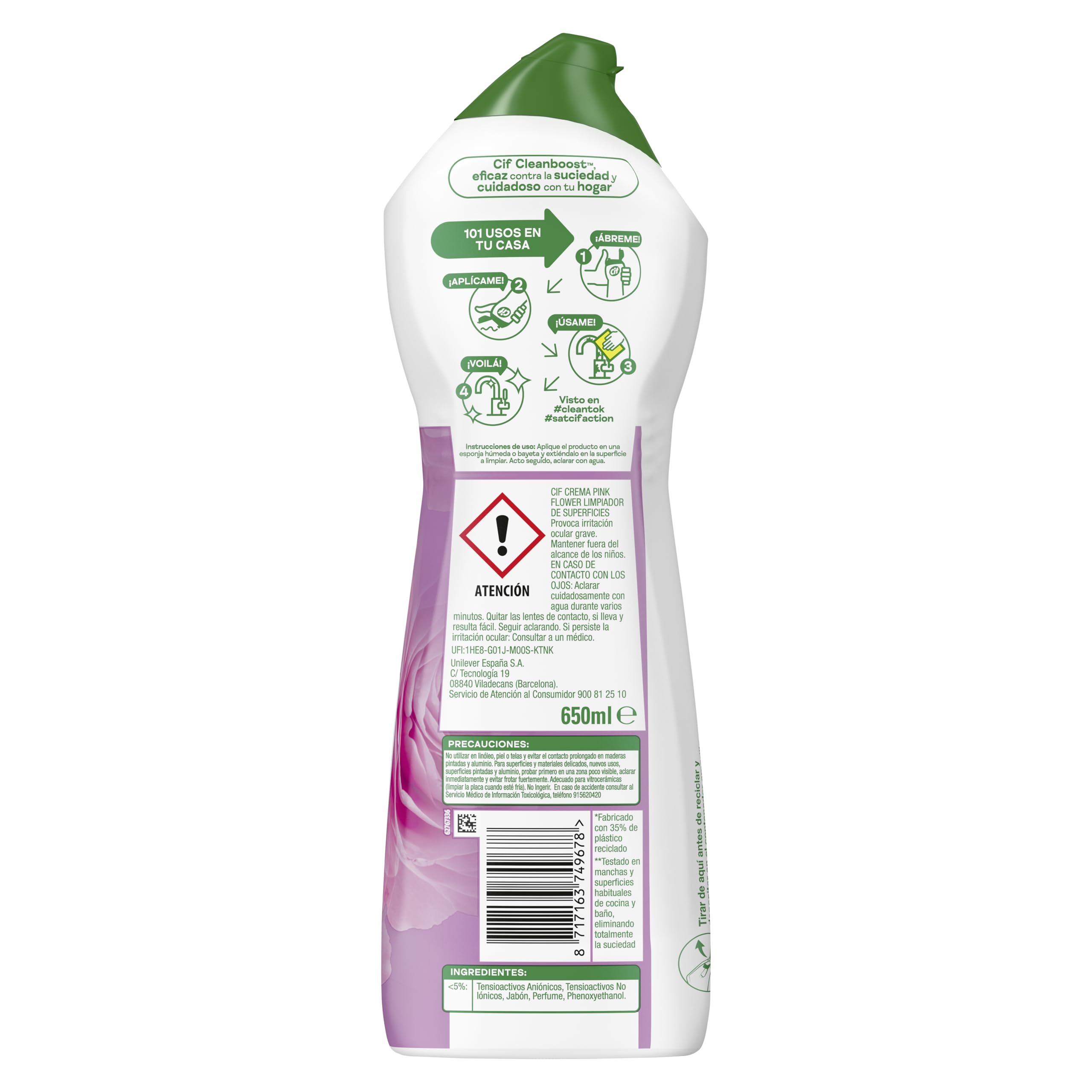 CIF Crema Limpiadora Rosa | Potente Limpiador de Superficies Multiusos Baño y Cocina | Con Fórmula Partículas de Limpieza 100% Naturales | Elimina el 100% de la Suciedad más Dificil. 650 ml.