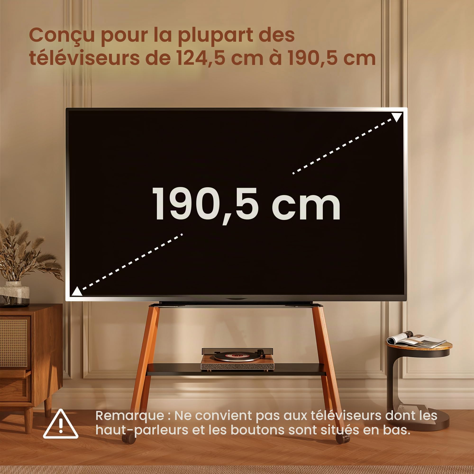 Support TV à roulettes pour téléviseurs de 49 à 75 pouces jusqu'à 40 kg, design chevalet avec structure en métal et étagère en bois, support TV mobile sur roulettes pour magasin, bureau, école