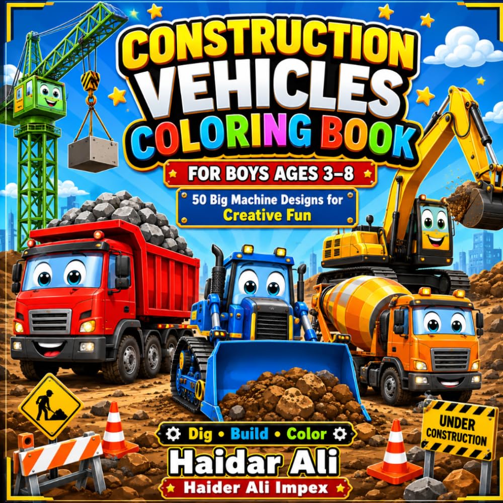 Construction Vehicles Coloring Book for Boys Ages 3-8: Bold and Easy Large Print Truck and Big Machine Coloring Book with Excavators, Bulldozers, Dump Trucks and Cranes