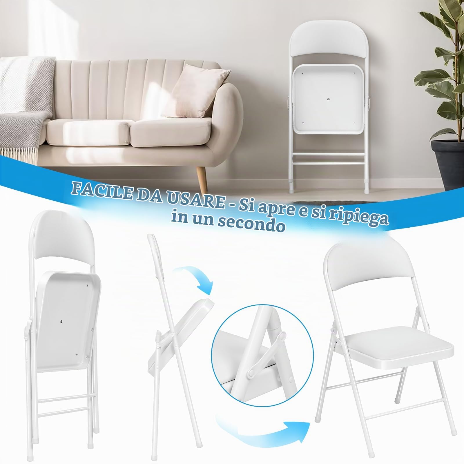 Set di 6 Sedie Pieghevoli, Imbottite, Portata Fino a 160 kg, Comodo ed Stabili Sedia Pieghevole per Giardino, Esterno, Campeggio, Balcone Interni, Ufficio, Feste, bianco